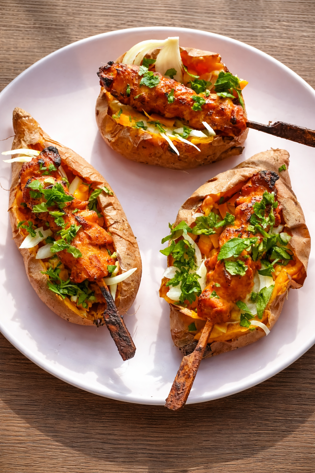 Crispy Smashed Sweet Potatoes with Zulekha Chicken Tikka Skewers